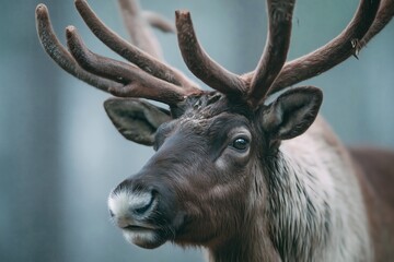 Fototapeta premium reindeer close-up with velvet antlers, soft forest light, concept for wildlife observation or winter nature