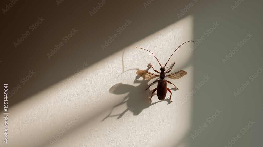 Aufkleber a brown insect crawls on a light surface creating a distinct shadow in the midday light.