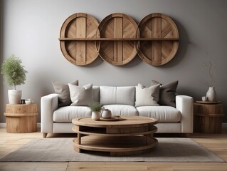 White sofa with fringed pillows and knitted blanket. Boho home interior design of modern living room