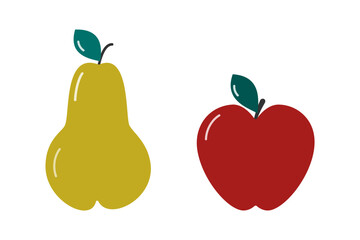 Hand Drawn Colorful Pear and Apple With Leaves Sticker Icon Pictogram Minimalist Design element idea