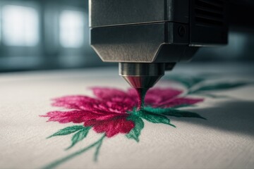 Advanced textile printing machine creating a vibrant pink flower design on white fabric with precision