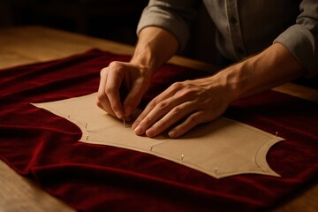 Close up of a tailor hands carefully pinning a paper pattern onto luxurious red velvet fabric