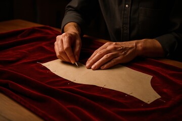 Fashion designer hands pinning a clothing pattern onto luxurious red velvet fabric