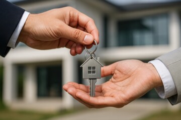 Close up of two hands exchanging a house key with a house shaped keychain, symbolizing home ownership.