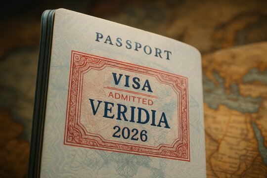 International passport page with a detailed visa stamp for veridia, symbolizing global travel