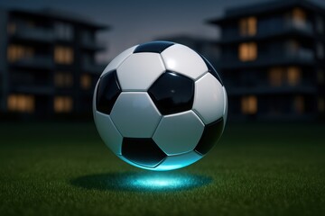 Obraz premium Glossy futuristic black and white soccer ball floating above green grass with a blue glow at night