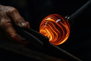 Close up of an artisan hand shaping a glowing molten glass orb with specialized tools