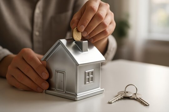 Hand placing golden coin into a silver house shaped piggy bank with keys for home savings.