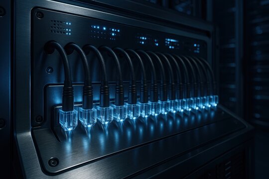 Close up of illuminated network cables plugged into a sophisticated data server panel in a dark room