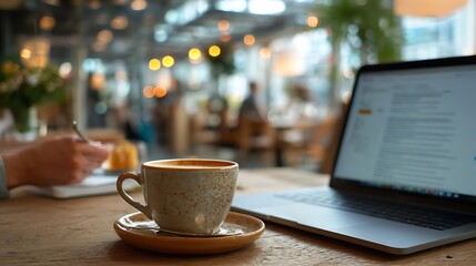 A cup of coffee sits on a wooden table alongside an open laptop in a bright and inviting cafe space.