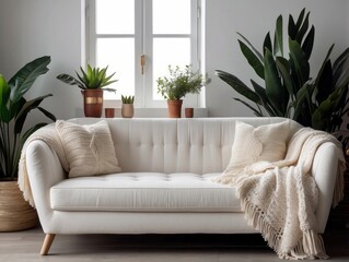 White sofa with fringed pillows and knitted blanket. Boho home interior design of modern living room