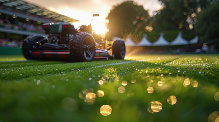 A low-angle shot captures a lawnmower's wheel on a lush grass court, kicking up a fine mist at sunset. Sparkling dew drops create a beautiful bokeh effect in the warm, golden light