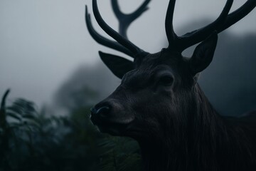 deer in misty forest close up, low light antler silhouette, concept for wild nature or wilderness alertness