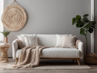 White sofa with fringed pillows and knitted blanket. Boho home interior design of modern living room