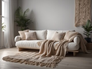 White sofa with fringed pillows and knitted blanket. Boho home interior design of modern living room