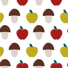 Hand Drawn Mushroom Red and Green apple with leaf Seamless Pattern Harvest Thematic Background idea