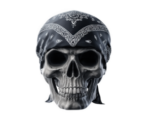 Human skull with black bandana, isolated on transparency background, detailed bone structure, eerie and mysterious mood, suitable for Halloween or gothic themes