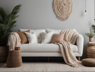 White sofa with fringed pillows and knitted blanket. Boho home interior design of modern living room