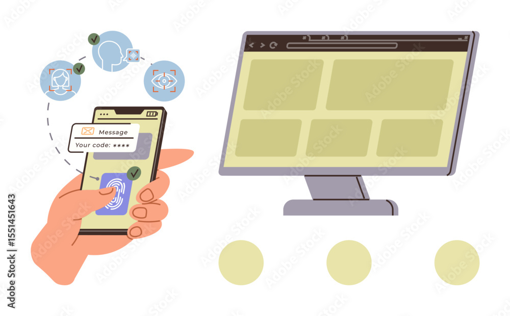 Poster hand holding a smartphone with fingerprint scan and otp message, linked to a desktop web interface. 