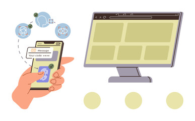 Hand holding a smartphone with fingerprint scan and OTP message, linked to a desktop web interface. Ideal for cybersecurity, digital protection, user authentication, online shopping, financial