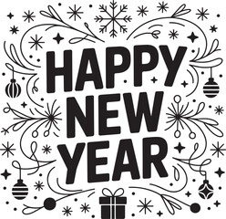 Bold Retro Typography "Happy New Year 2026" with Stars &ndash; Vector Holiday Greeting Design, 2026 Holiday Celebration Text Illustration, Happy New Year Text Art with Decorative Elements