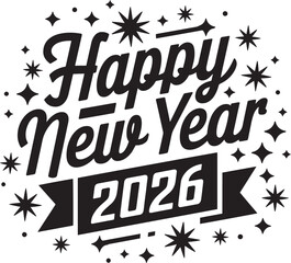 Bold Retro Typography "Happy New Year 2026" with Stars – Vector Holiday Greeting Design, 2026 Holiday Celebration Text Illustration, Happy New Year Text Art with Decorative Elements