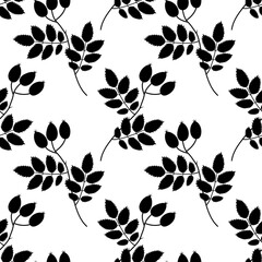 Hand Drawn Silhouette Rose hips on branch with leaves Seamless Pattern Botanical Minimalist Backdrop