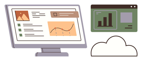 Desktop screen with graphs, charts, and report visuals, browser window with bar chart, and a cloud icon. Ideal for data analysis, business strategy, cloud computing, productivity analytics digital