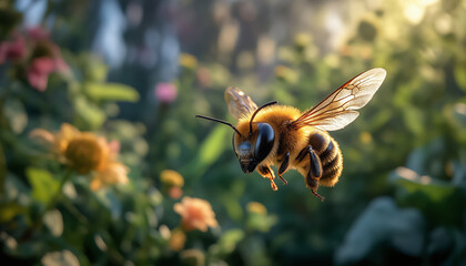A bee flying in the sunny garden. A close-up of a bee outdoors.