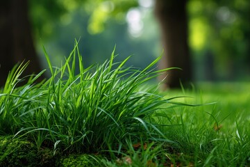 Lush green grass in a blurred park setting