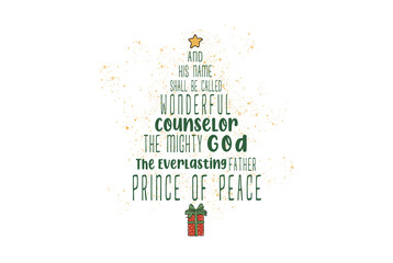 Bible Verse Christmas Art – Wonderful Counselor Prince of Peace Illustration of Christmas tree Sublimation design