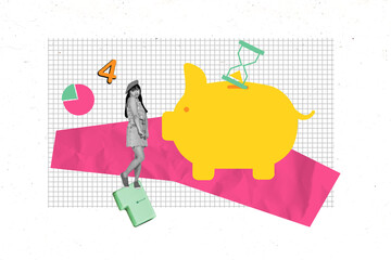 Banner 3d image pop collage of happy businesswoman stand piggy jar hourglass money income diagram...