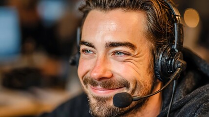 Man smiling with headset customer service agent telecommunications support tech support online agent.