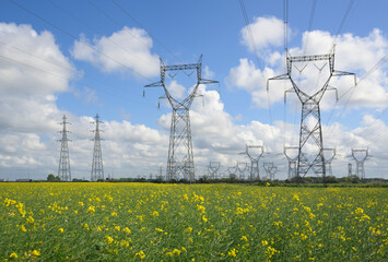 Powerlines and transmission towers in a field with yellow flowers under a cloudy sky in Pas-de-Calais, France