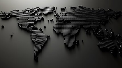 Geometric Representation of World Map with Metallic Black Hexagonal Patterns
