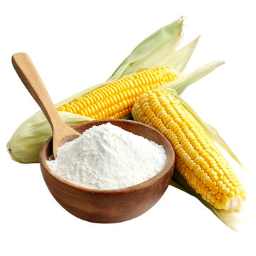 Golden corn cobs and a wooden bowl filled with pure cornstarch create a food photography still life against a dark backdrop, transparent background