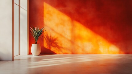 Warm light illuminates modern minimal interior with orange wall and houseplant