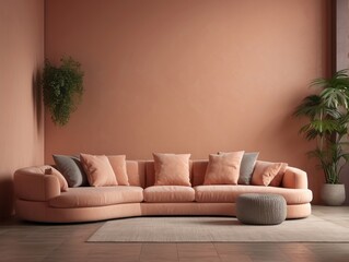 Curved sofa, ottoman and armchair against coral wall with copy space. Japanese style home interior