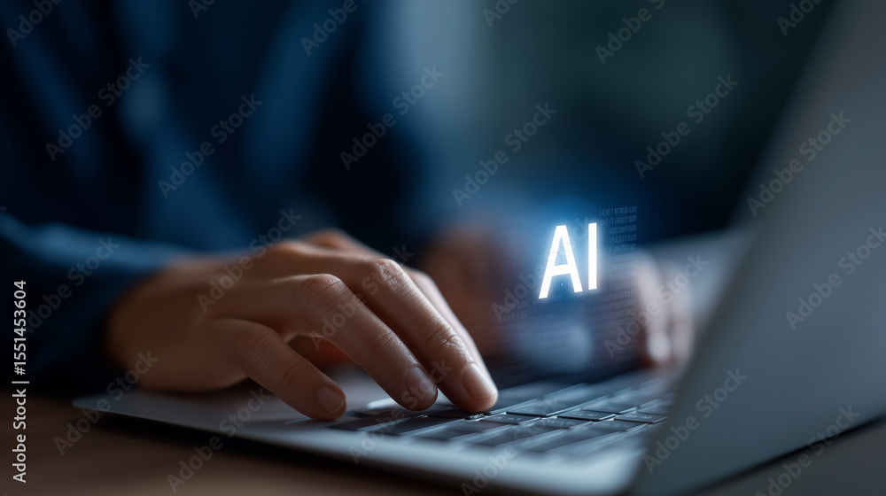 Poster ai dashboard interface with hands typing on laptop