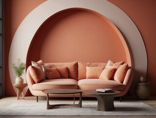 Curved sofa, ottoman and armchair against coral wall with copy space. Japanese style home interior