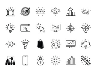 Modern Business and Marketing Icon Set – Hand-Drawn Glowing Outline Collection Featuring Finance, Analytics, Cloud, Communication, Shopping, SEO, and Web Symbols for Digital and Corporate Design