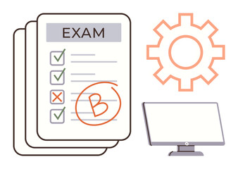 Graded exam sheet with marks, checkboxes, and grade B alongside a computer monitor and gear icon. Ideal for education, assessment, grading system, e-learning, testing, feedback academic evaluation