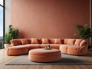 Curved sofa, ottoman and armchair against coral wall with copy space. Japanese style home interior