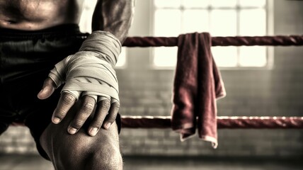 Focused male boxer resting in gym with hand wraps and towel in boxing ring