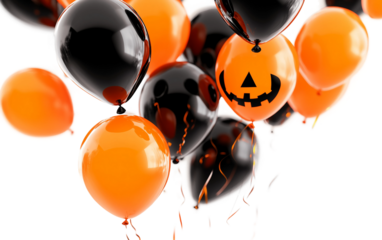 Floating orange and black Halloween balloons arranged in a playful and spooky celebration of the festive season isolated on transparent background PNG