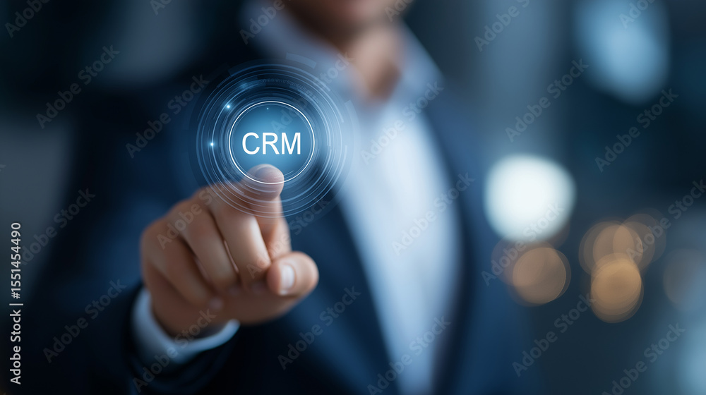 Poster businessman utilizing digital interface for crm and data analytics