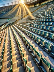 A vast expanse of empty seats in a large stadium with sunlight casting long shadows on the bleachers