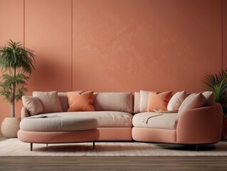 Curved sofa, ottoman and armchair against coral wall with copy space. Japanese style home interior