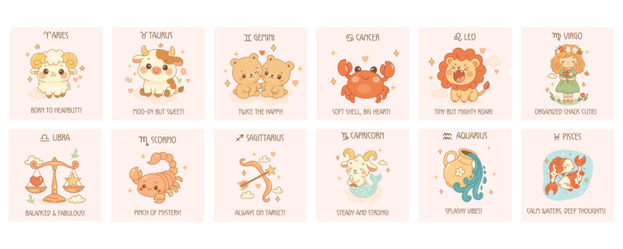 Set of cute zodiac signs with text and characters