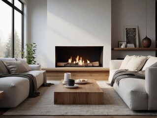 White sofa with blanket and wooden coffee table against fireplace with firewood stack